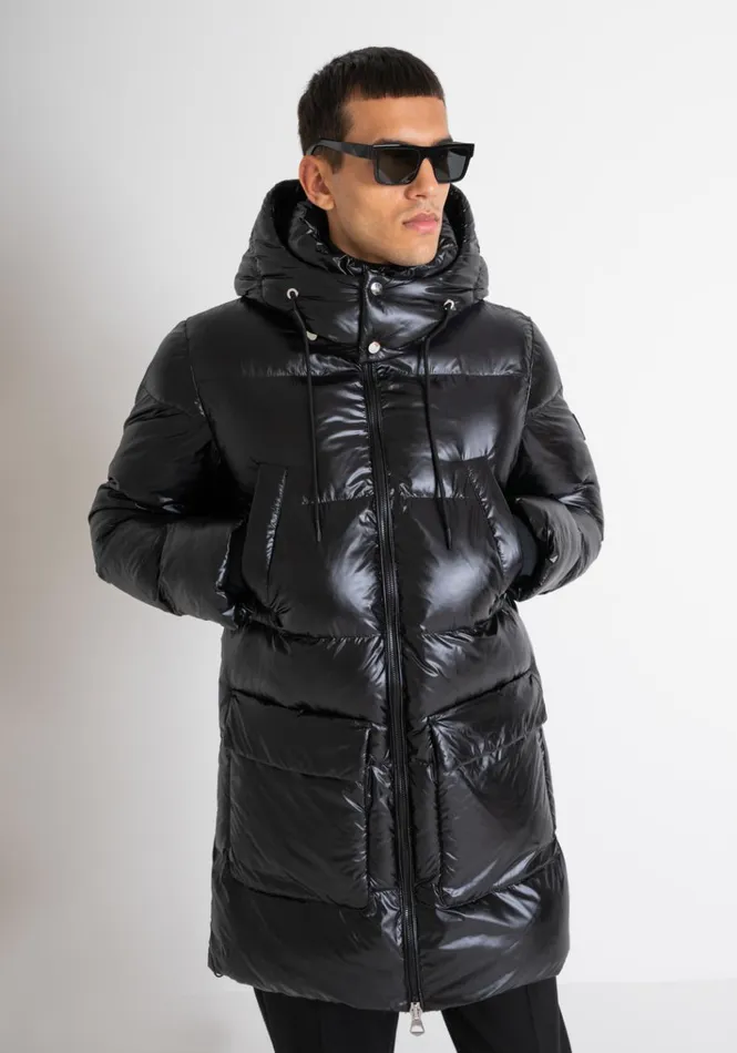 Field Jackets And Coats Men Antony Morato Long Relaxed Fit Glossy Down Jacket With Dupont Sorona Padding Black