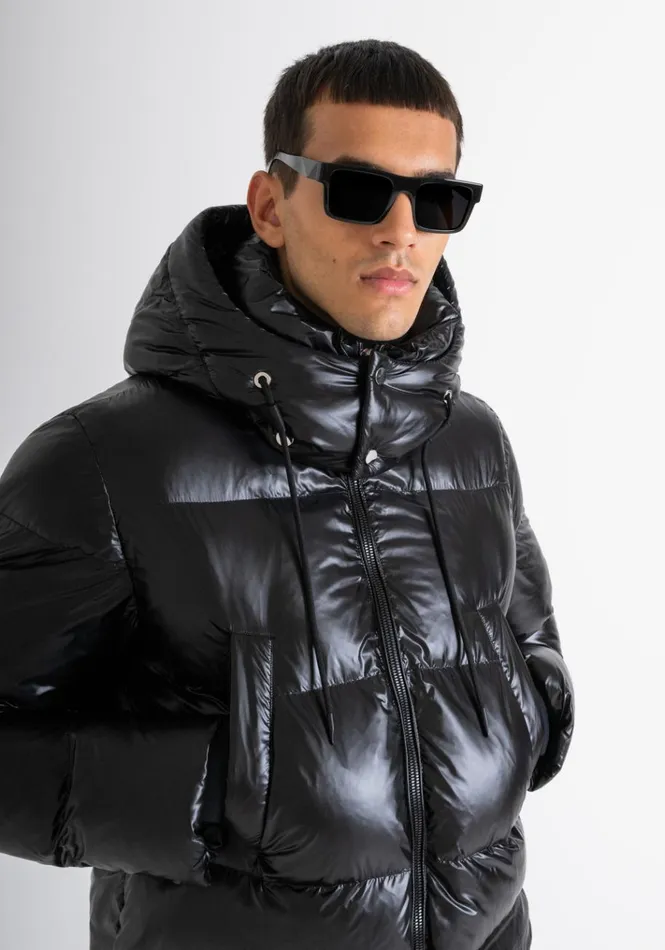Field Jackets And Coats Men Antony Morato Long Relaxed Fit Glossy Down Jacket With Dupont Sorona Padding Black