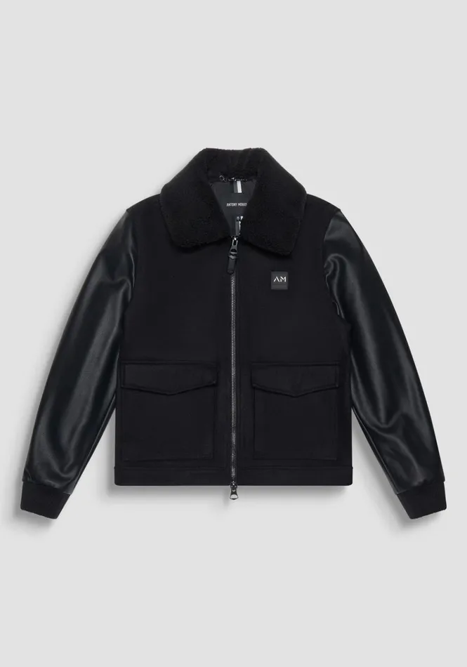Field Jackets And Coats Men Antony Morato Regular Fit Coat In Wool Blend Fabric With Faux Leather Sleeves Black