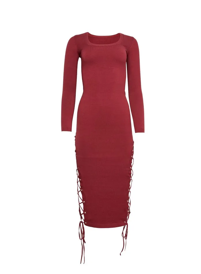 Fleur Du Mal Dresses Women Knit Lace Up Midi Dress Cinnamon Fleur Du Mal Dresses Women Knit Lace Up Midi Dress Cinnamon