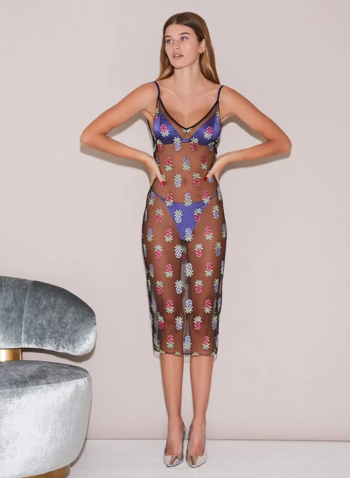 Fleur Du Mal Dresses Women Pineapple Embroidery Slip Dress Black