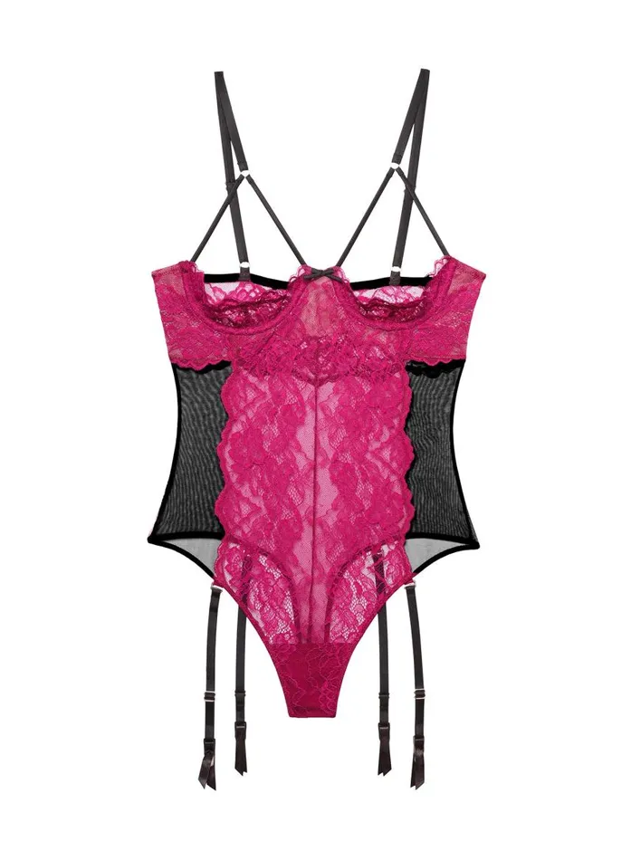Fleur Du Mal Pleasure Women Roxy Lace Peekaboo Garter Bodysuit Magenta Fleur Du Mal Pleasure Women Roxy Lace Peekaboo Garter Bodysuit Magenta