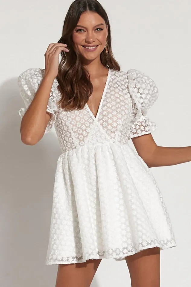 Freya Mini Dress 8211 Puff Sleeve V Neck A Line Dress In White Women Showpo Dresses