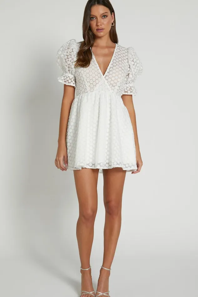 Freya Mini Dress 8211 Puff Sleeve V Neck A Line Dress In White Women Showpo Dresses