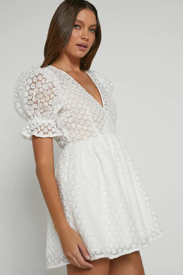 Freya Mini Dress 8211 Puff Sleeve V Neck A Line Dress In White Women Showpo Dresses