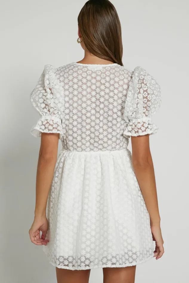 Freya Mini Dress 8211 Puff Sleeve V Neck A Line Dress In White Women Showpo Dresses