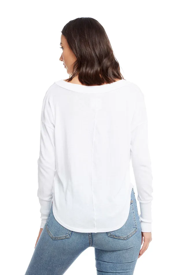 Gauzy Cotton Long Sleeve Deep V Neck Shirttail Tee with Cuffs Womens Loungewear Chaser Brand