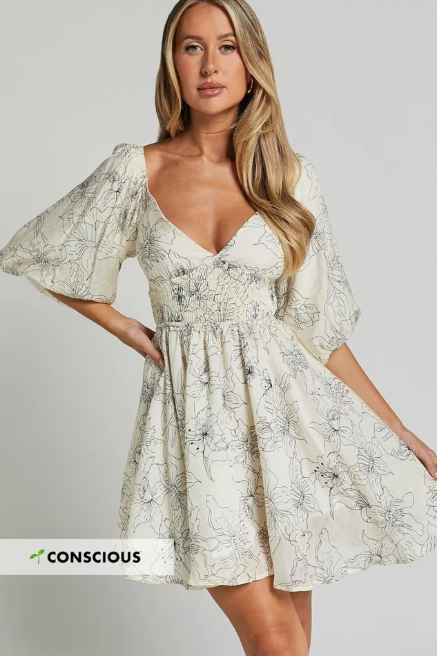 Geeniva Mini Dress 8211 V Neck Tie Back Puff Sleeve Babydoll Dress In Cream Stencil Floral Women Showpo Conscious Geeniva Mini Dress 8211 V Neck Tie Back Puff Sleeve Babydoll Dress In Cream Stencil Floral Women Showpo Conscious