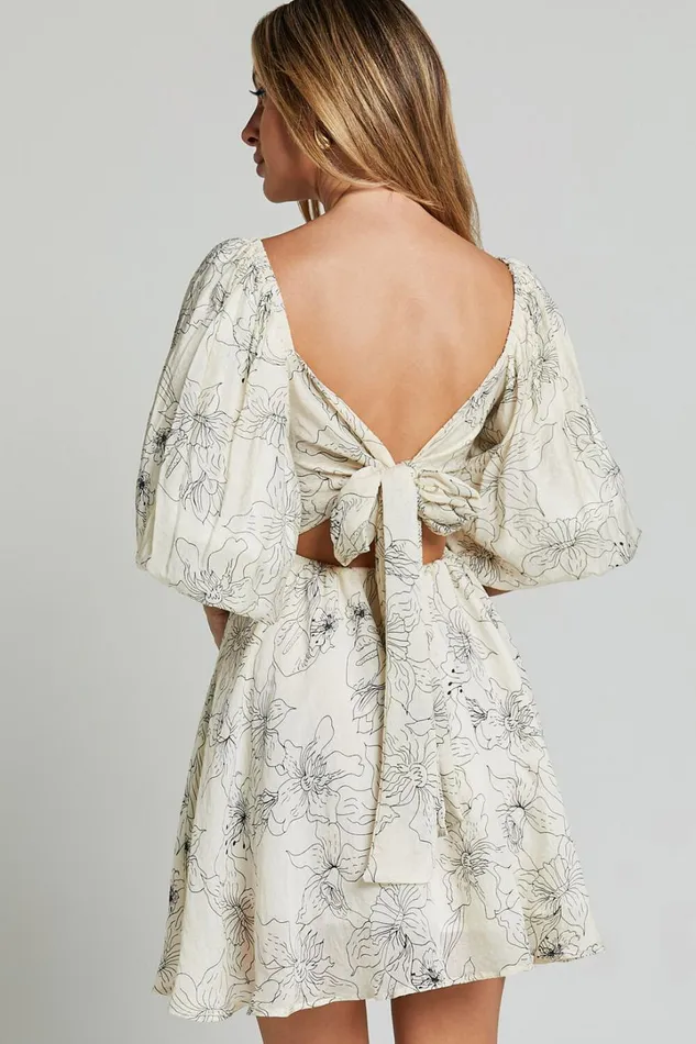 Geeniva Mini Dress 8211 V Neck Tie Back Puff Sleeve Babydoll Dress In Cream Stencil Floral Women Showpo Conscious