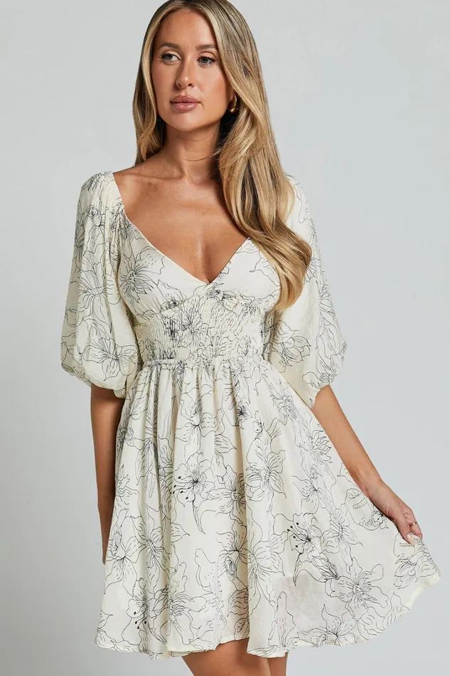 Geeniva Mini Dress 8211 V Neck Tie Back Puff Sleeve Babydoll Dress In Cream Stencil Floral Women Showpo Conscious