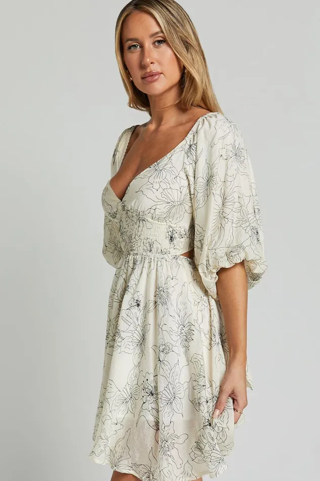 Geeniva Mini Dress 8211 V Neck Tie Back Puff Sleeve Babydoll Dress In Cream Stencil Floral Women Showpo Conscious