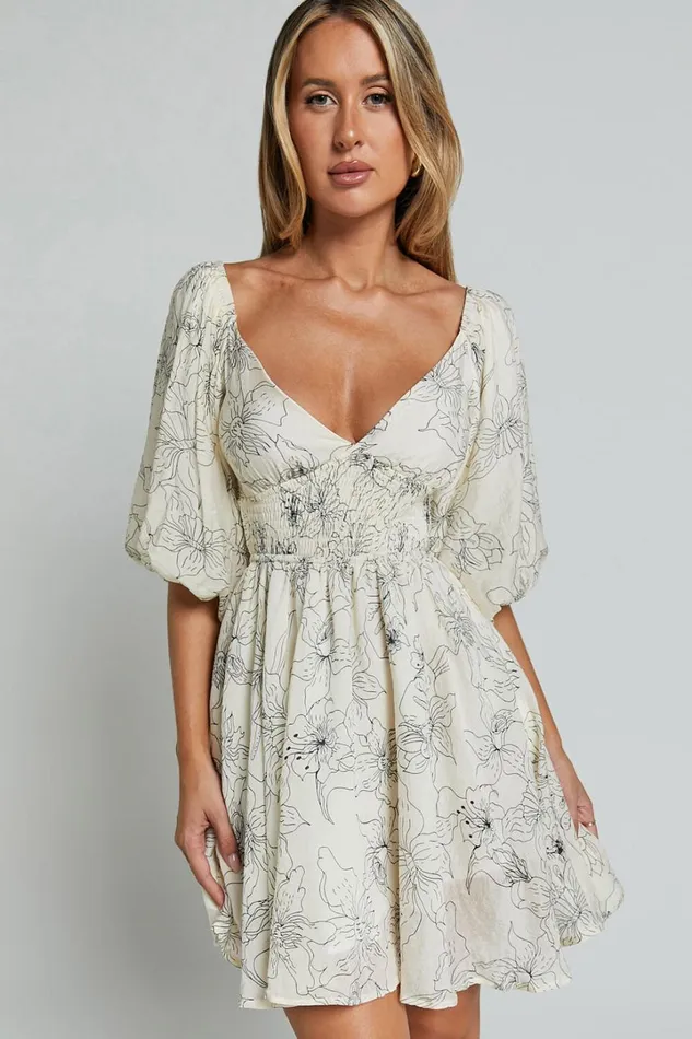 Geeniva Mini Dress 8211 V Neck Tie Back Puff Sleeve Babydoll Dress In Cream Stencil Floral Women Showpo Conscious