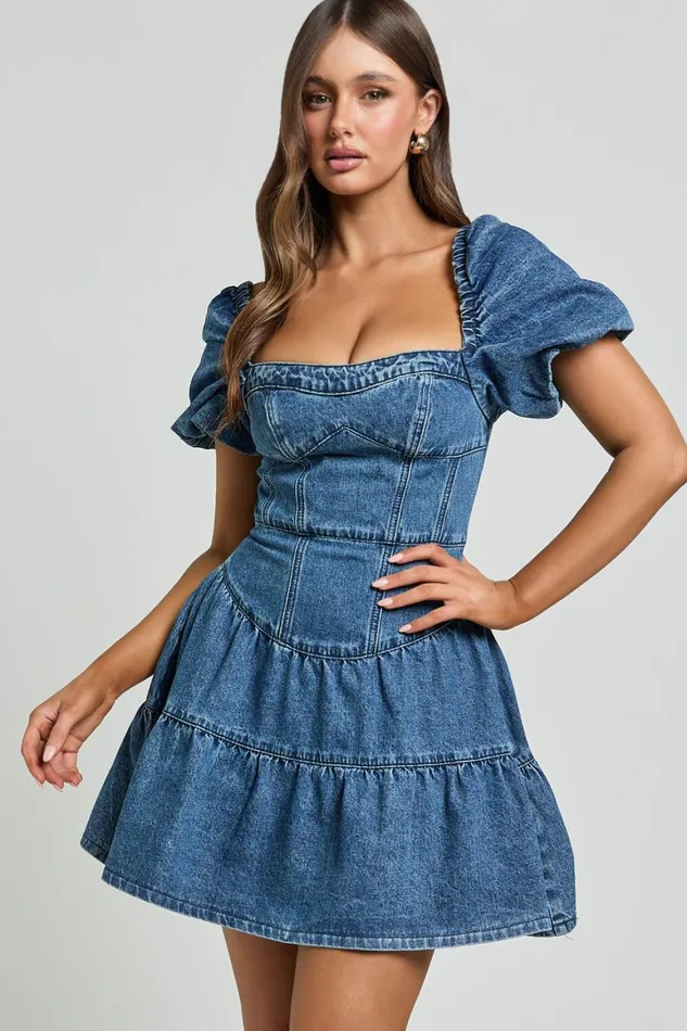 Gia Mini Dress 8211 Short Puff Sleeve Tiered Denim Dress In Dark Blue Wash Women Showpo Denim