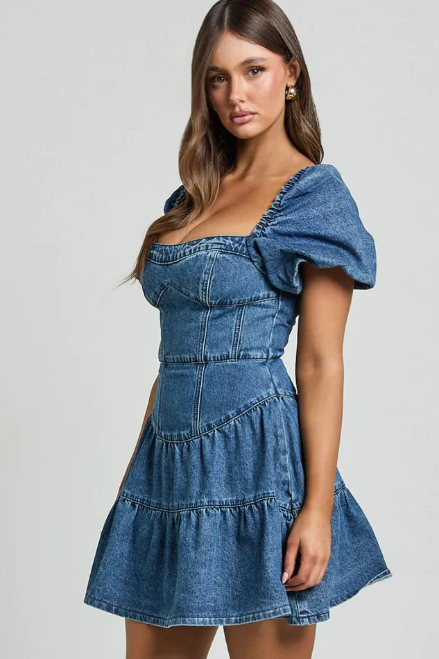 Gia Mini Dress 8211 Short Puff Sleeve Tiered Denim Dress In Dark Blue Wash Women Showpo Denim