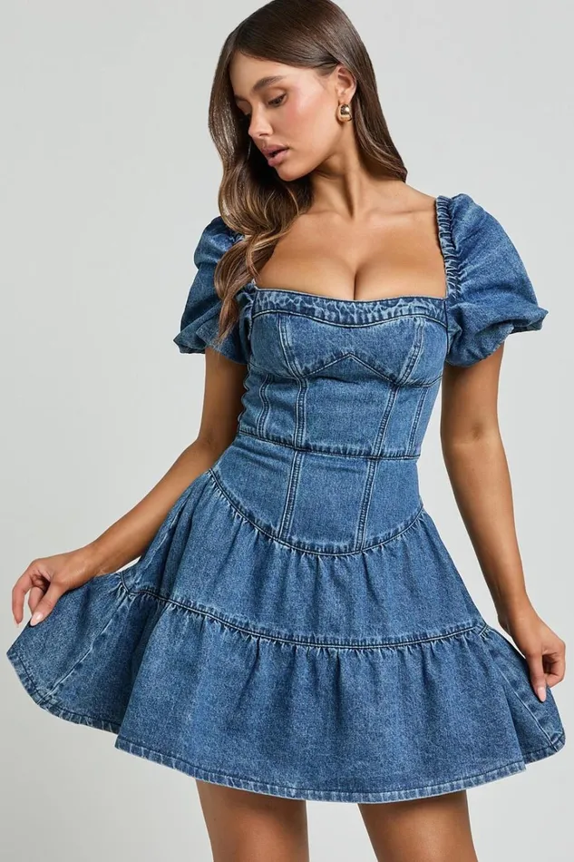 Gia Mini Dress 8211 Short Puff Sleeve Tiered Denim Dress In Dark Blue Wash Women Showpo Denim
