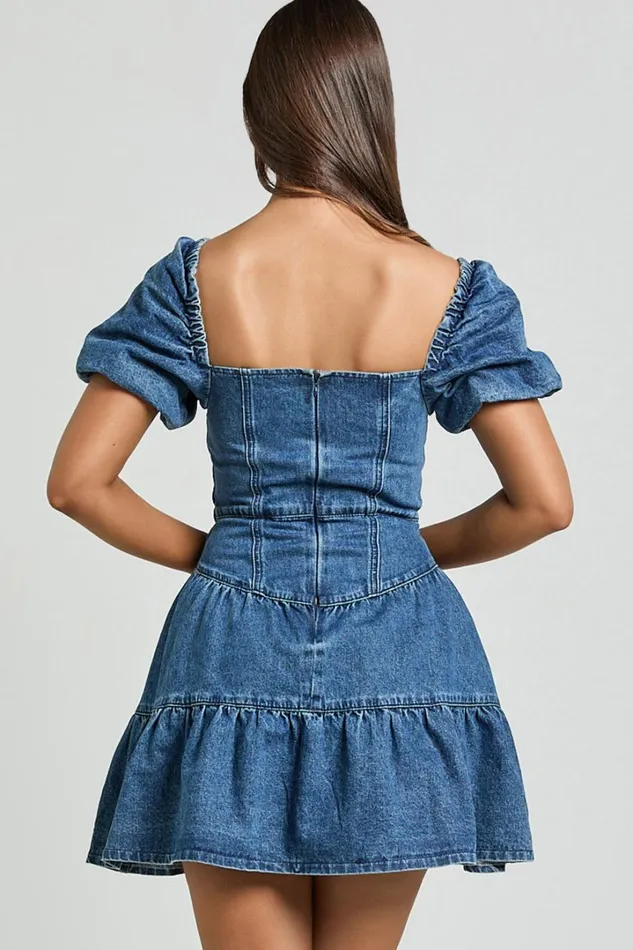 Gia Mini Dress 8211 Short Puff Sleeve Tiered Denim Dress In Dark Blue Wash Women Showpo Denim