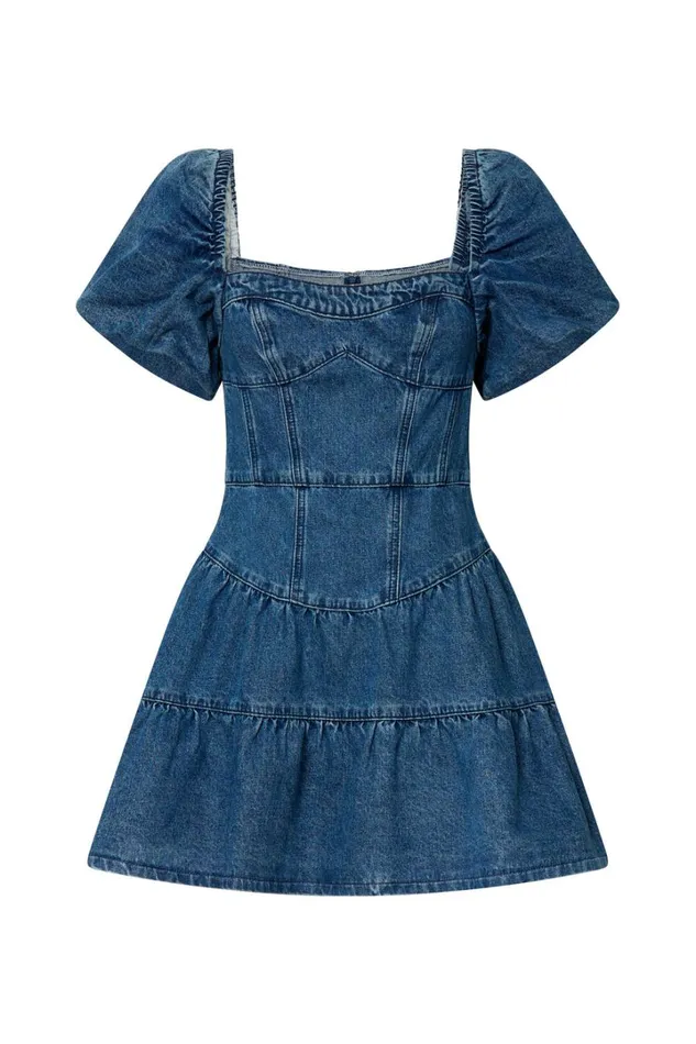 Gia Mini Dress 8211 Short Puff Sleeve Tiered Denim Dress In Dark Blue Wash Women Showpo Denim