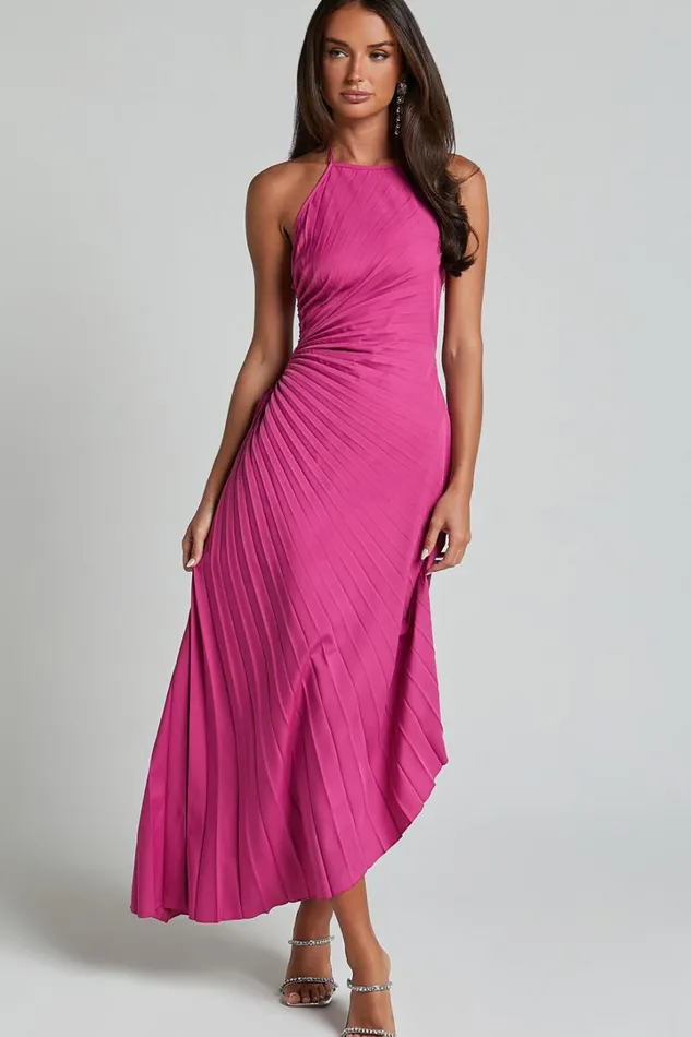 Gilly Midi Dress 8211 Asymmetric Pleated Dress In Berry Women Showpo Dresses