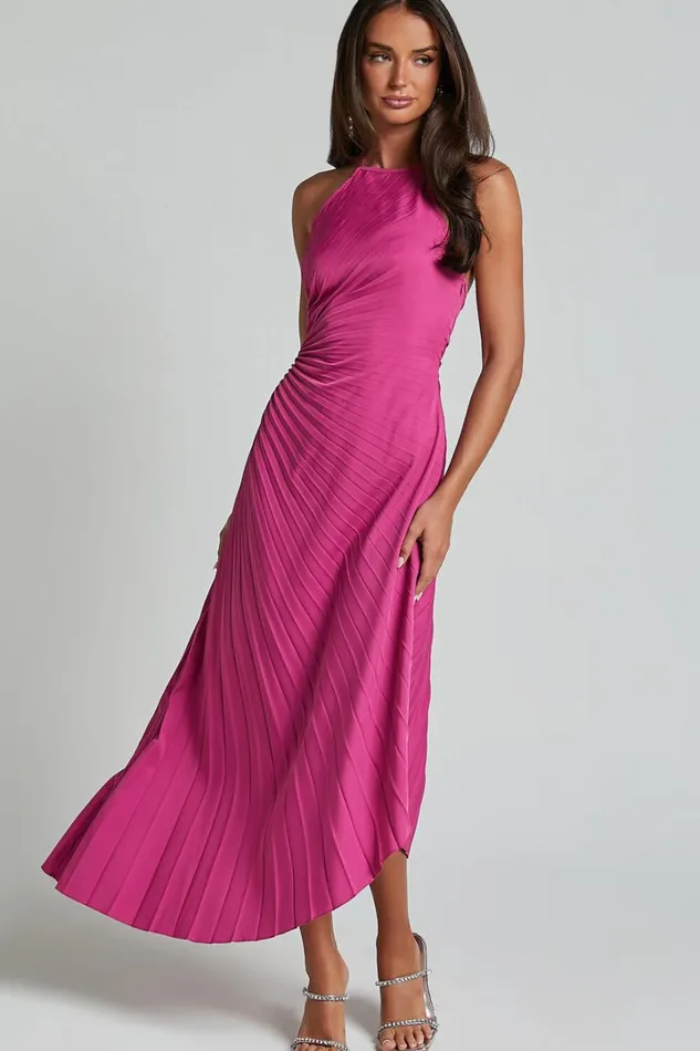 Gilly Midi Dress 8211 Asymmetric Pleated Dress In Berry Women Showpo Dresses