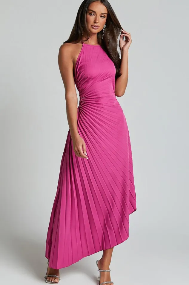 Gilly Midi Dress 8211 Asymmetric Pleated Dress In Berry Women Showpo Dresses
