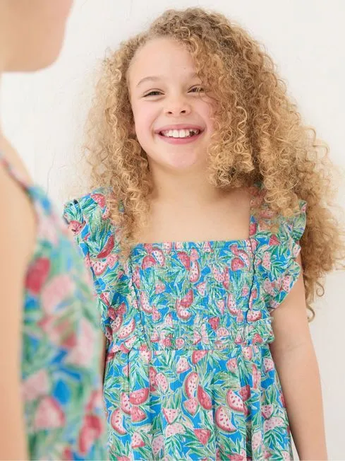 Girls Fatface Dresses Blue Watermelon Frill Dress Girls Fatface Dresses Blue Watermelon Frill Dress