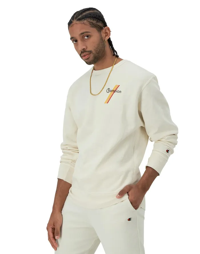 Graphic Crewneck Sweatshirt Mineral Dye TriColor Stripes Logo Mineral Dye Natural Men Champion Hoodies and Sweatshirts