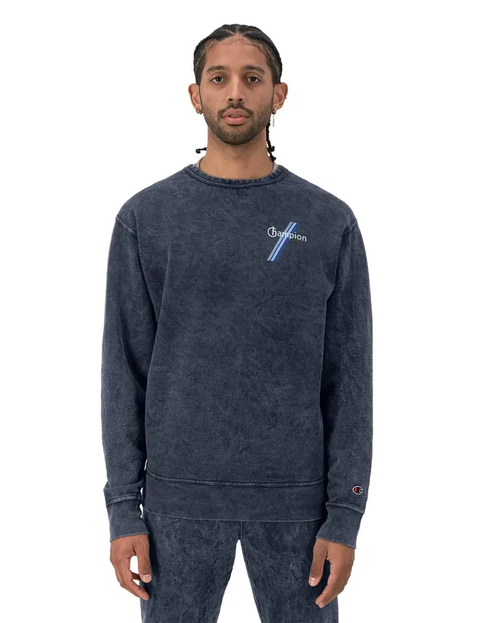 Graphic Crewneck Sweatshirt Mineral Dye TriColor Stripes Logo Mineral Dye Navy Men Champion Hoodies and Sweatshirts Graphic Crewneck Sweatshirt Mineral Dye TriColor Stripes Logo Mineral Dye Navy Men Champion Hoodies and Sweatshirts