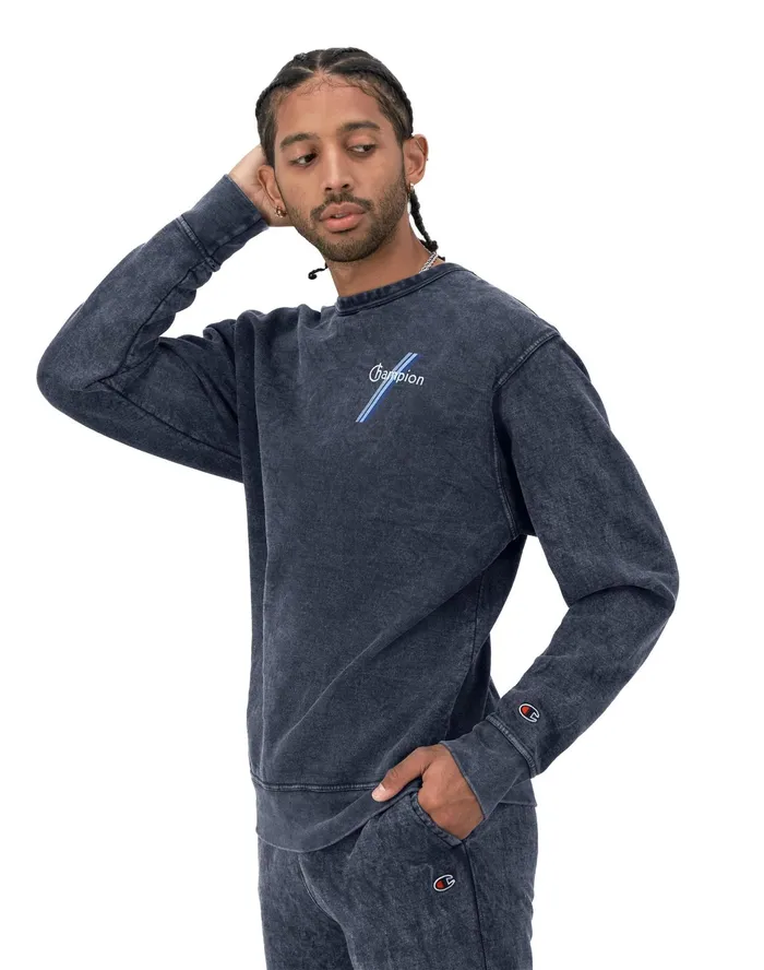 Graphic Crewneck Sweatshirt Mineral Dye TriColor Stripes Logo Mineral Dye Navy Men Champion Hoodies and Sweatshirts