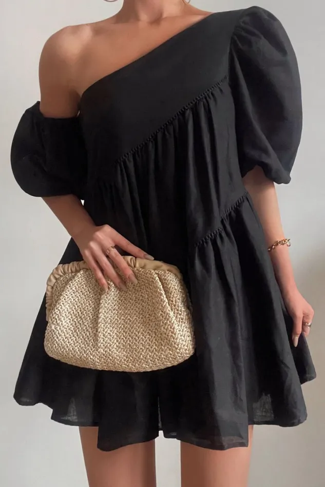 Harleen Mini Dress 8211 Linen Look Asymmetrical Trim Puff Sleeve Dress In Black Women Showpo Curve Clothes Harleen Mini Dress 8211 Linen Look Asymmetrical Trim Puff Sleeve Dress In Black Women Showpo Curve Clothes