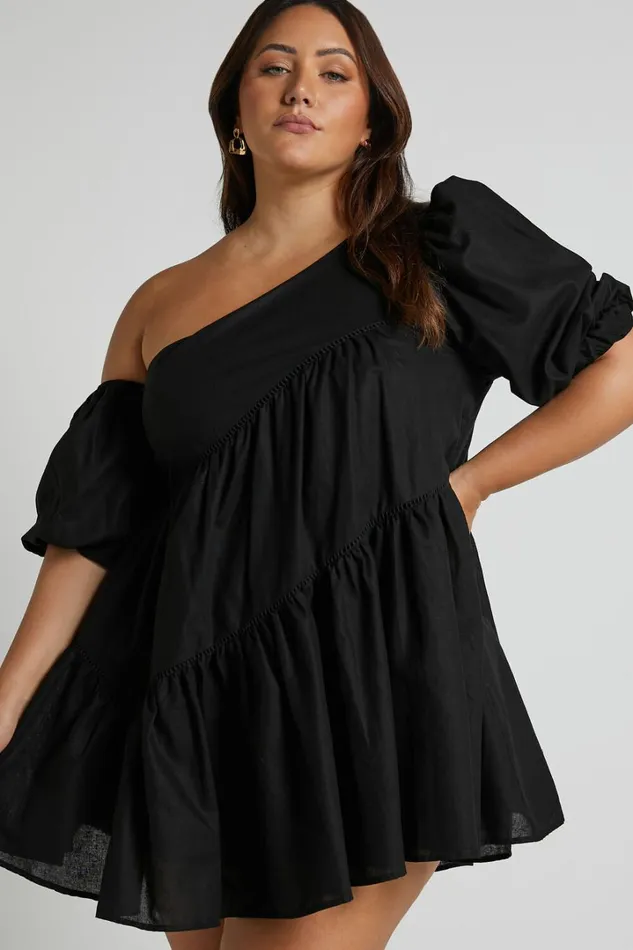 Harleen Mini Dress 8211 Linen Look Asymmetrical Trim Puff Sleeve Dress In Black Women Showpo Curve Clothes