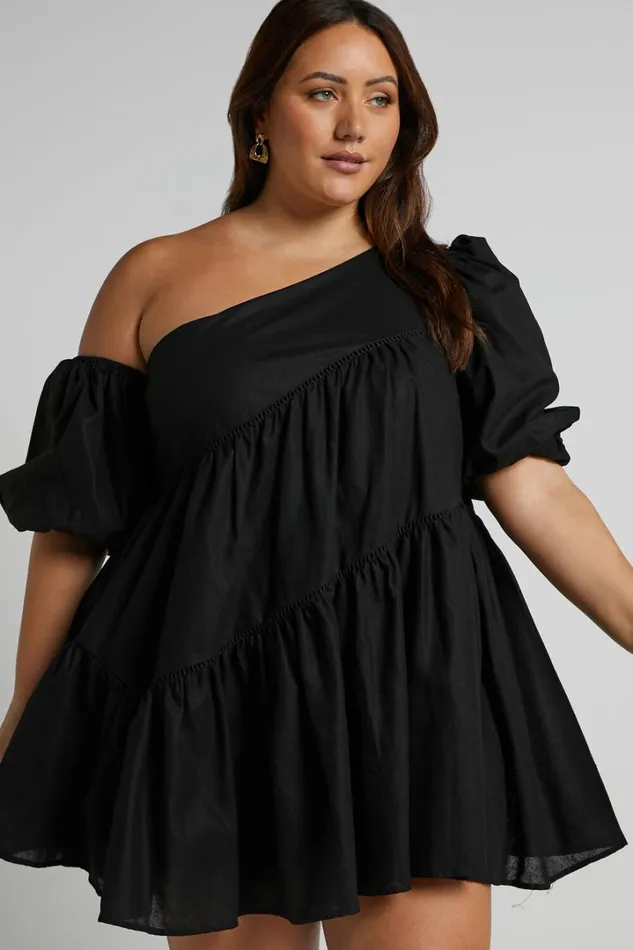 Harleen Mini Dress 8211 Linen Look Asymmetrical Trim Puff Sleeve Dress In Black Women Showpo Curve Clothes
