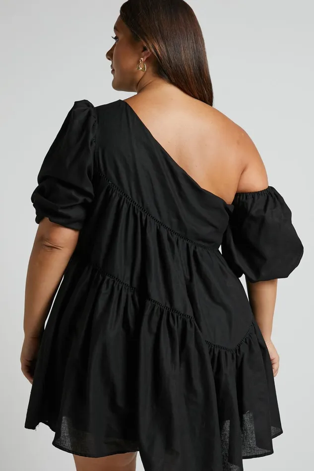 Harleen Mini Dress 8211 Linen Look Asymmetrical Trim Puff Sleeve Dress In Black Women Showpo Curve Clothes
