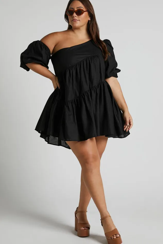 Harleen Mini Dress 8211 Linen Look Asymmetrical Trim Puff Sleeve Dress In Black Women Showpo Curve Clothes