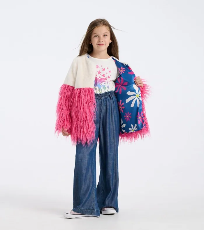 Hatley Girls Sheer Pink Faux Fur Jacket Girls Sweaters