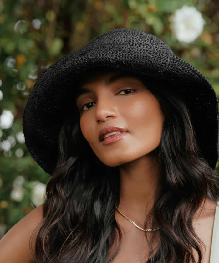 Hats and Beanies Women Jenni Kayne Crochet Raffia Sun Hat Black