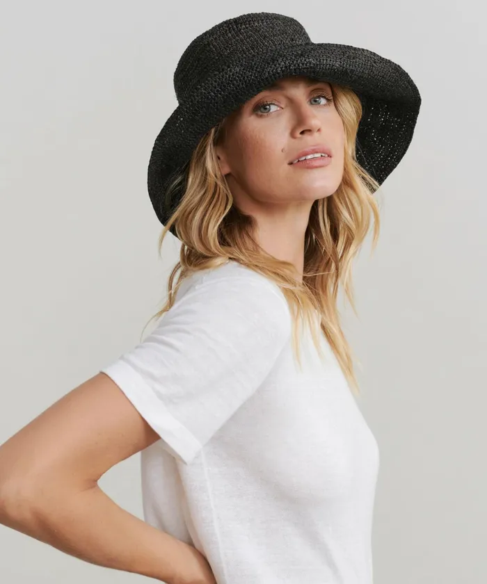 Hats and Beanies Women Jenni Kayne Crochet Raffia Sun Hat Black