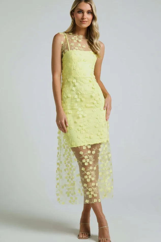 Hazel 3D Flower Net Bodycon Midi Dress In Lemon Women Showpo Dresses