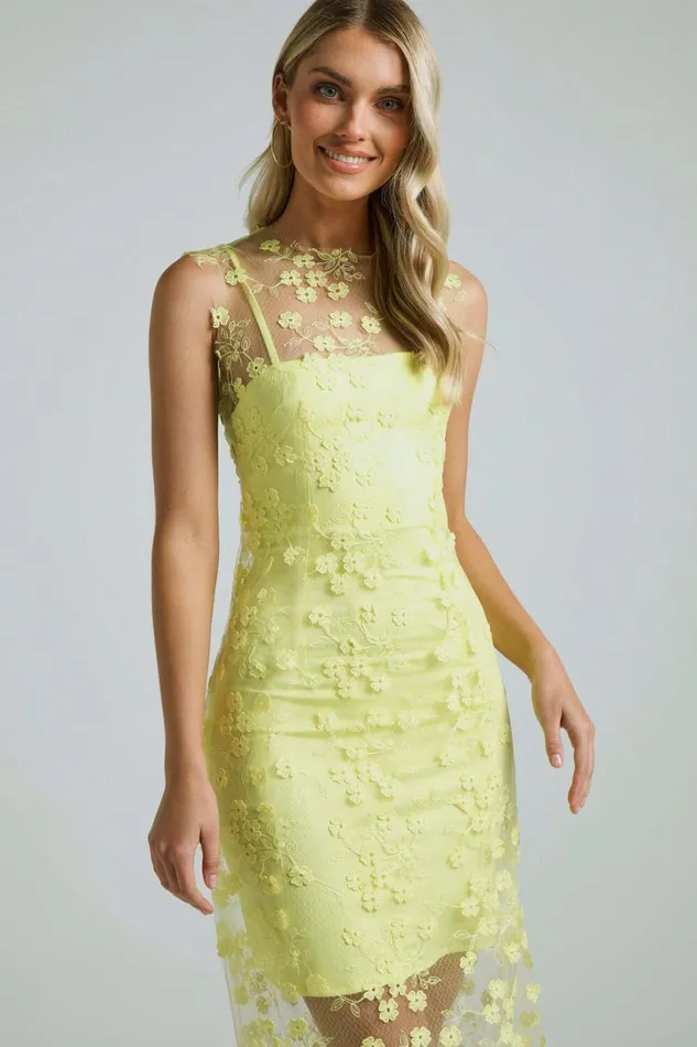 Hazel 3D Flower Net Bodycon Midi Dress In Lemon Women Showpo Dresses