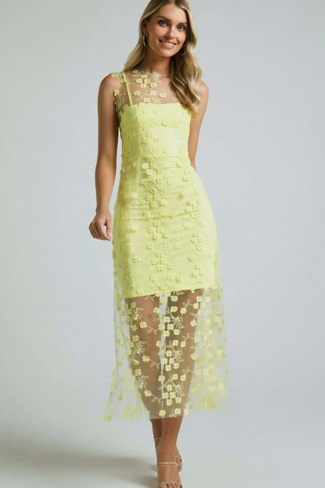 Hazel 3D Flower Net Bodycon Midi Dress In Lemon Women Showpo Dresses