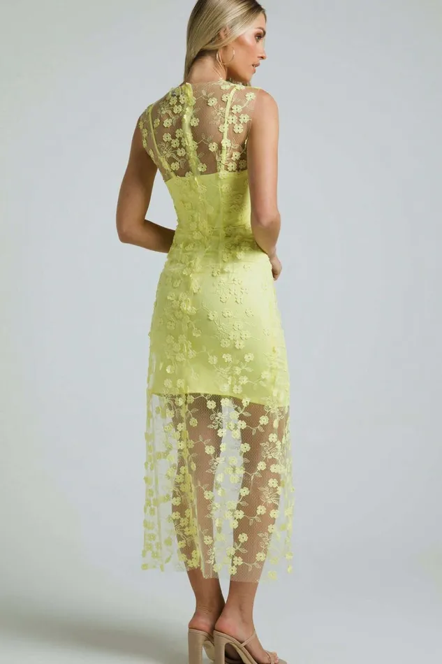 Hazel 3D Flower Net Bodycon Midi Dress In Lemon Women Showpo Dresses