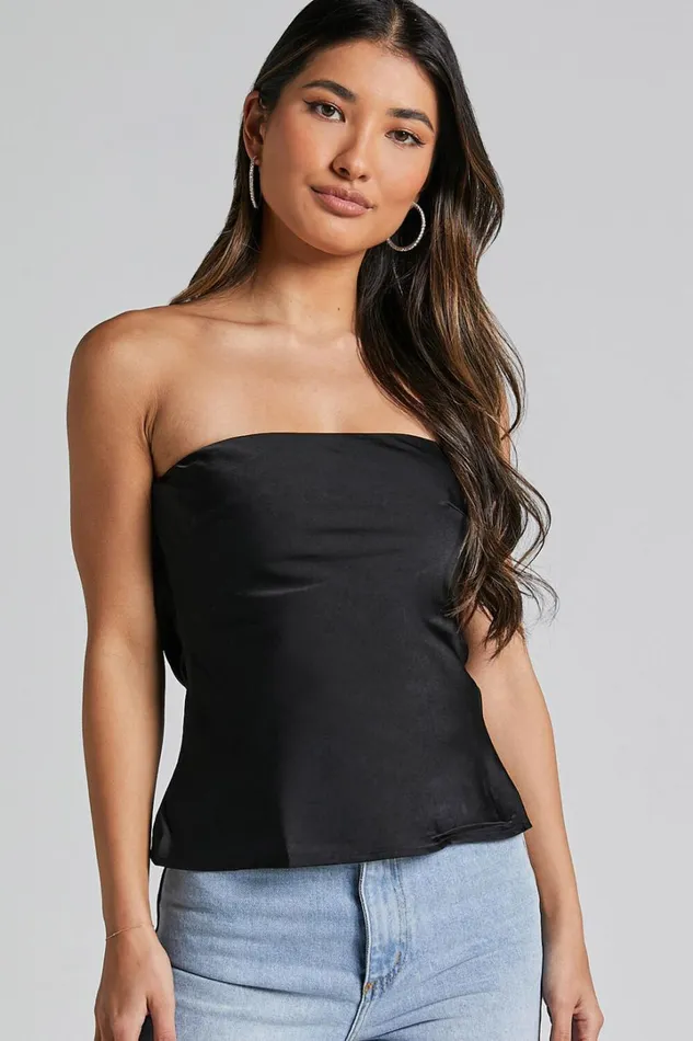 Hera Top 8211 Strapless Straight Neck Cowl Back Top In Black Women Showpo Tops
