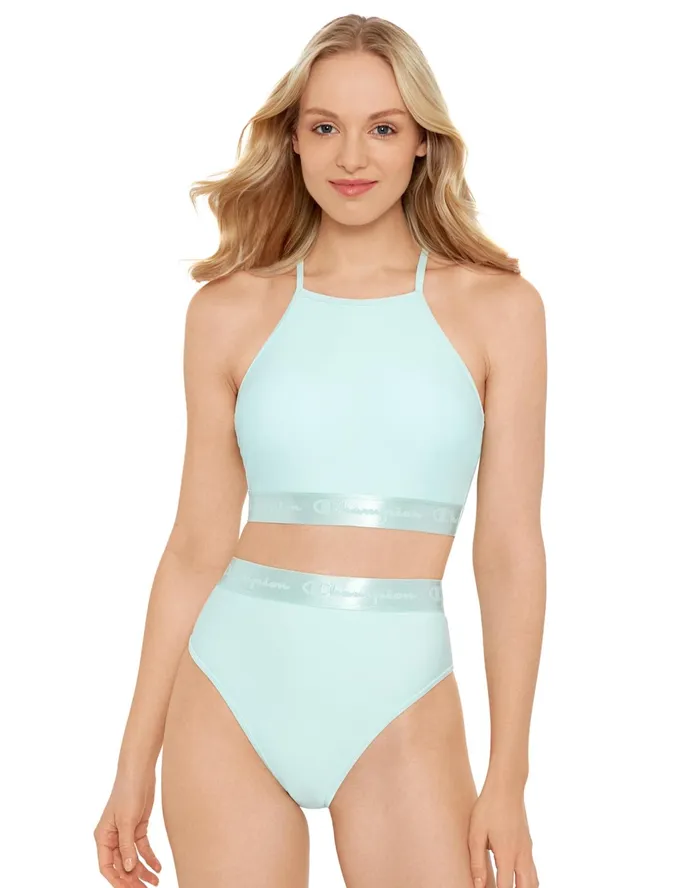 HighNeck Bathing Suit Top Script Logo Band Aqua Women Champion Swimwear