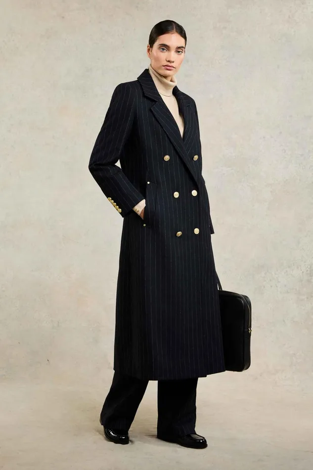 Holland Cooper Coats Women Double Breasted Coat Dark Navy Pinstripe