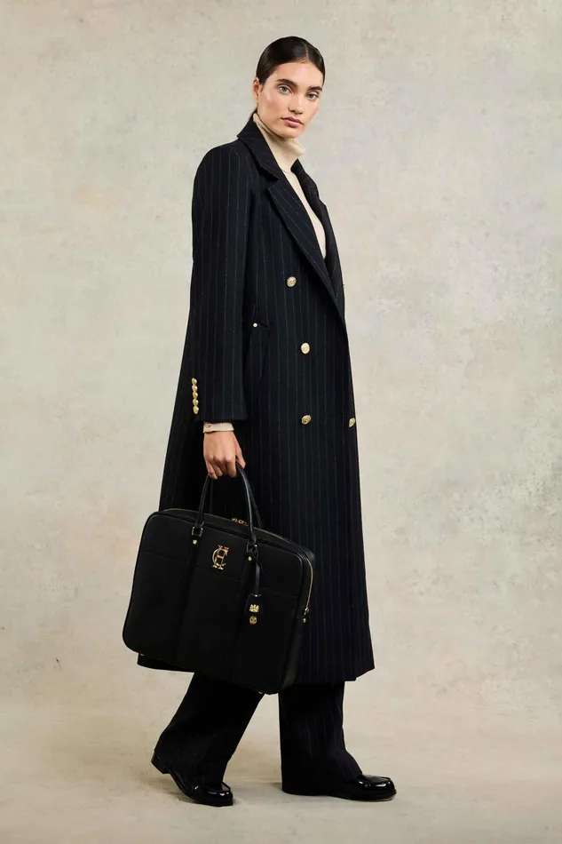 Holland Cooper Coats Women Double Breasted Coat Dark Navy Pinstripe