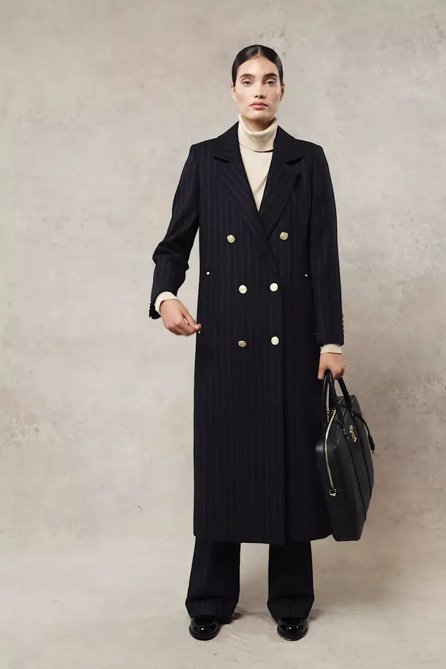 Holland Cooper Coats Women Double Breasted Coat Dark Navy Pinstripe