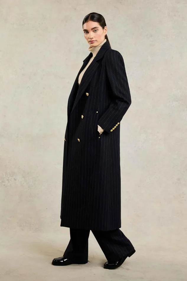 Holland Cooper Coats Women Double Breasted Coat Dark Navy Pinstripe