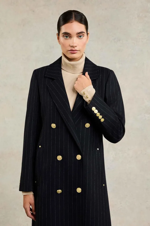Holland Cooper Coats Women Double Breasted Coat Dark Navy Pinstripe