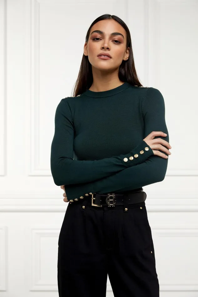 Holland Cooper Knitwear Women Buttoned Knit Crew Neck Deep Emerald