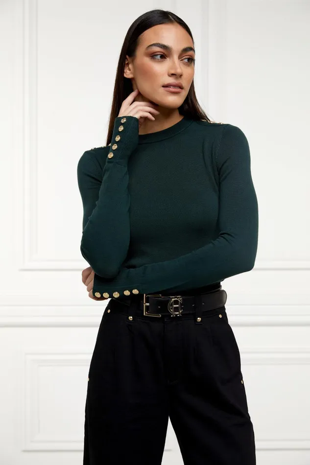 Holland Cooper Knitwear Women Buttoned Knit Crew Neck Deep Emerald Holland Cooper Knitwear Women Buttoned Knit Crew Neck Deep Emerald