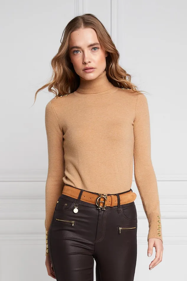 Holland Cooper Knitwear Women Buttoned Knit Roll Neck Dark Camel